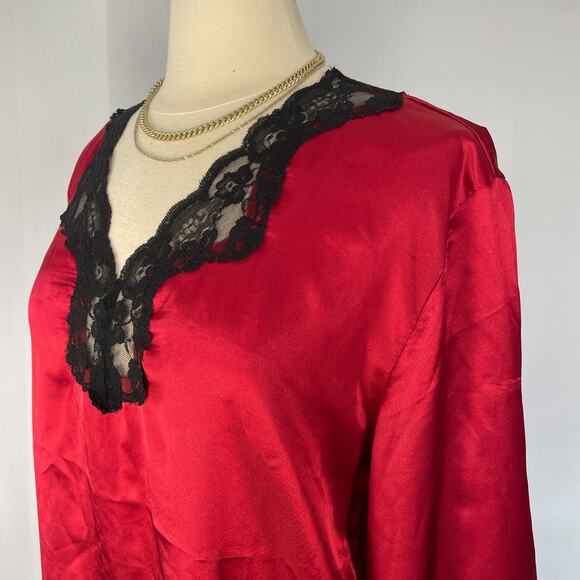 Lingerie Nightgown Size Small Red Satin Black Lace Long Sleeve Sleep Silky Sexy - Picture 6 of 15